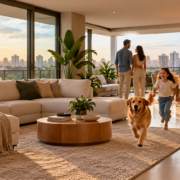 Sala moderna com família e cachorro ao pôr do sol